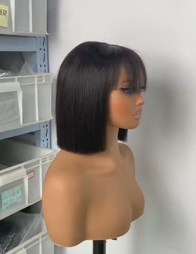 Machine made bob wig with a bang black color 100% Virgin Human Hair 150% density