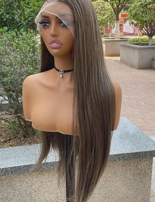 Synthetic lace frontal color wig straight---13*4---smoke brown color---pay 1 get 2