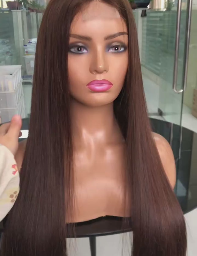 straight brown color 4x4，5x5 Lace closure 100% Virgin Human Hair Wig 15A