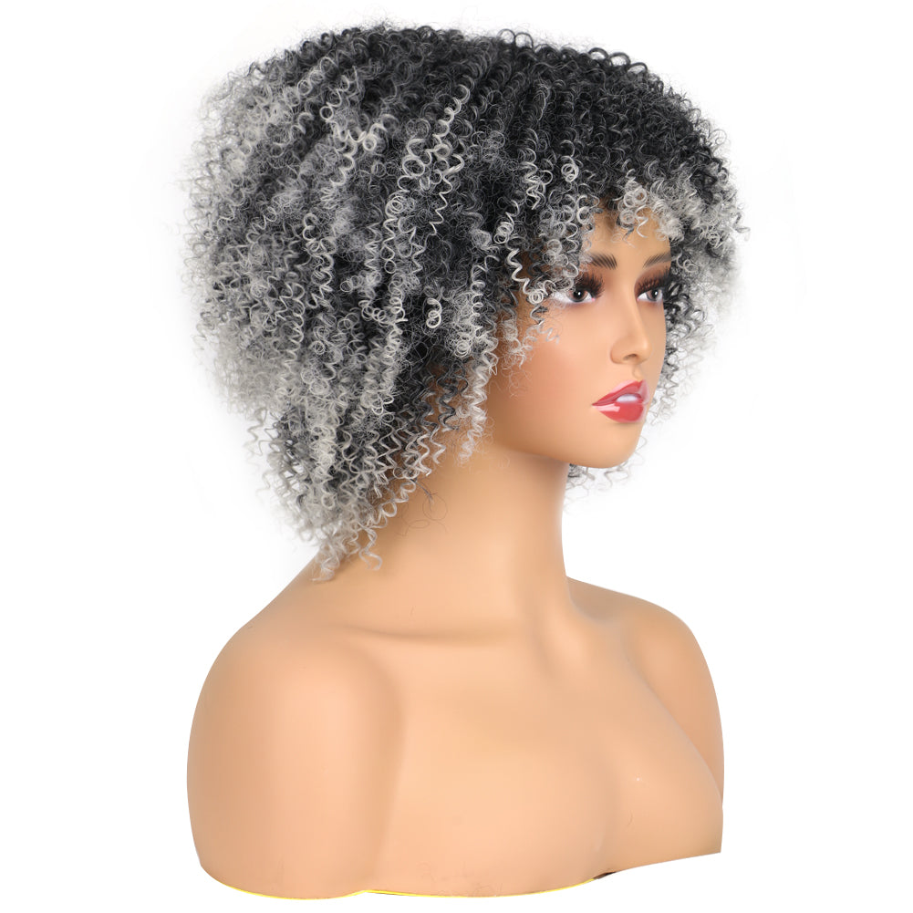 Fiber Small Roll Afro Kinky Curly Wig Short Fluffy-- 1b/grey color