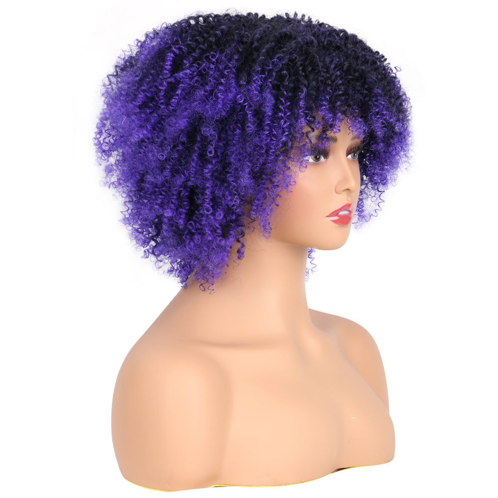 Fiber Small Roll Afro Kinky Curly Wig Short Fluffy-- Color 1b/blue