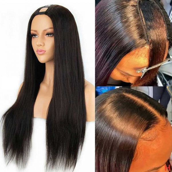 Natural color U part wig straight 100% Virgin Human Hair