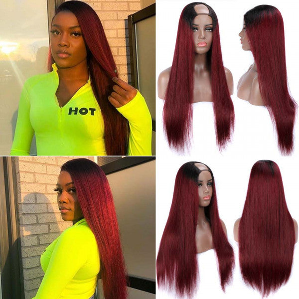 #1B/99J color straight 100% Virgin Human Hair U part wig