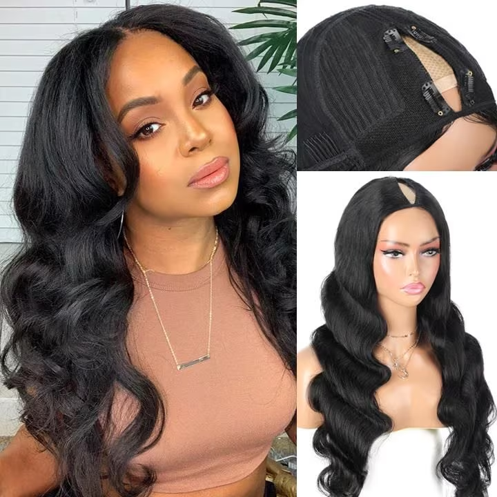 Natural color V part wig body wave 100% Virgin Human Hair